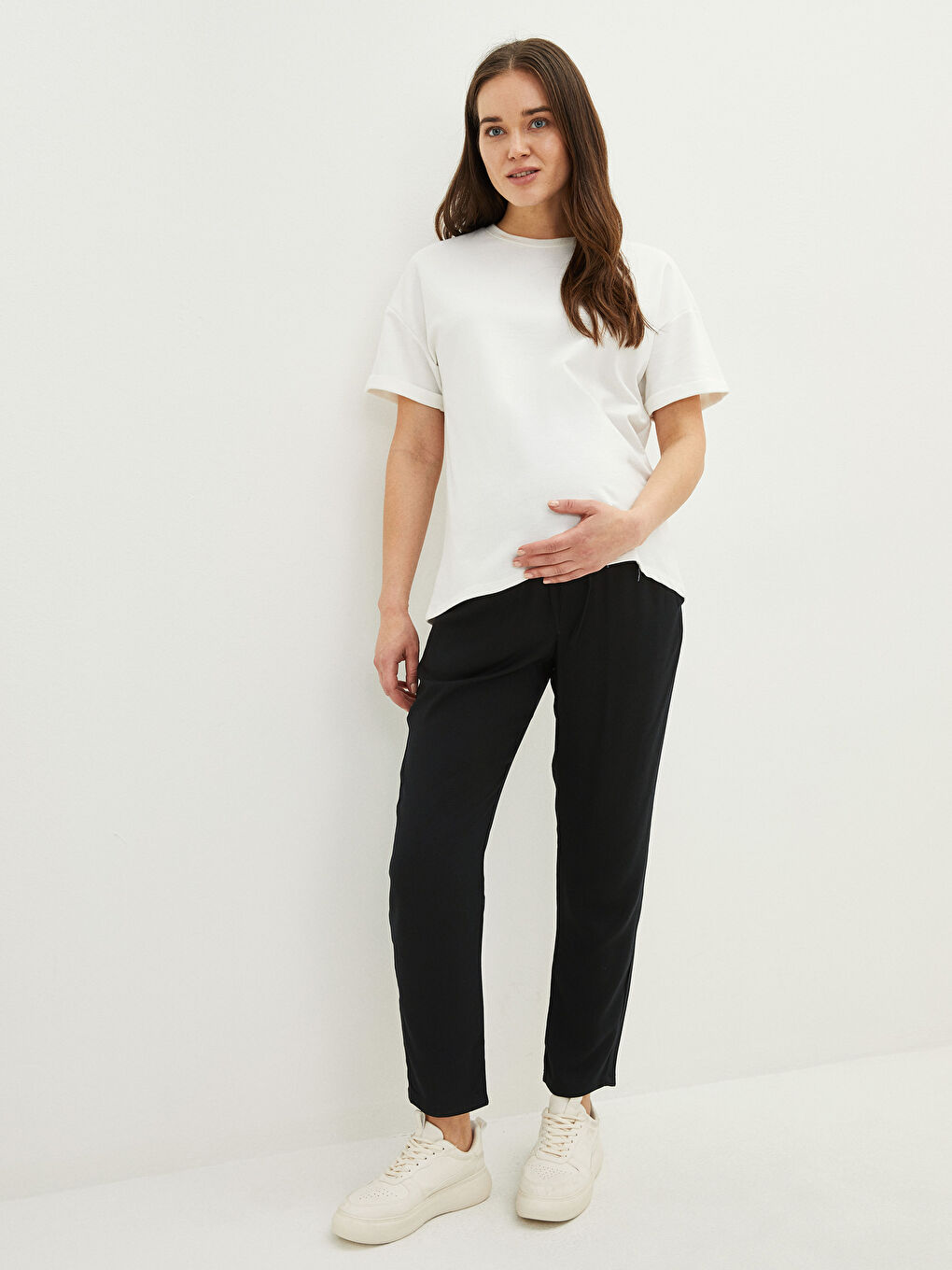 Серпімді белдік стандартты пішім кәдімгі қалталы креп жүктілік шалбары-2