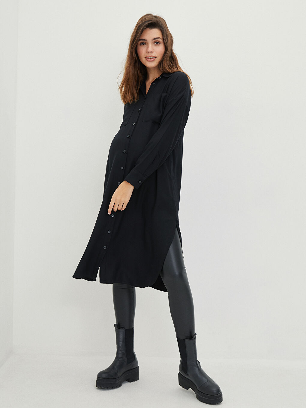 قميص تونيك سادة كم طويل كريب فترة الحمل