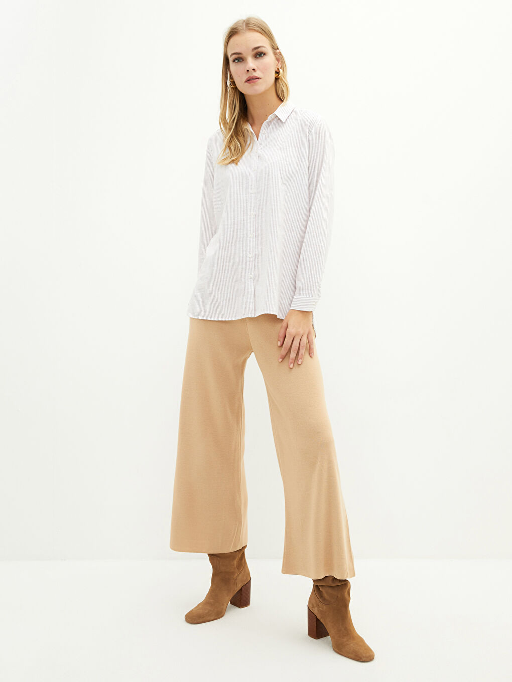 Bej Kadın Beli Lastikli Dar Fit Düz Triko Pantolon