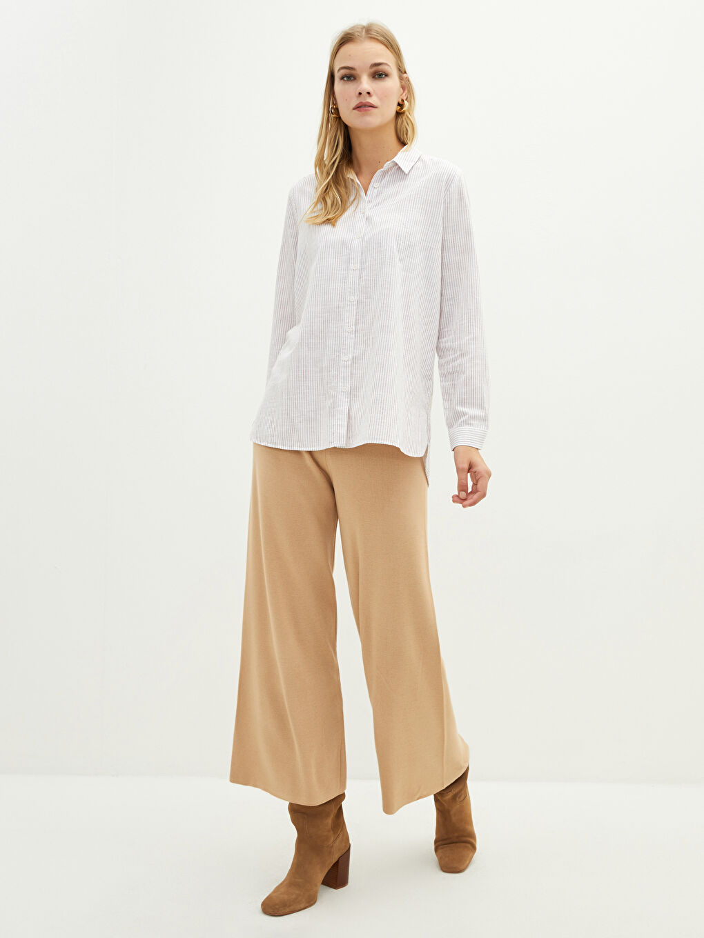 Bej Kadın Beli Lastikli Dar Fit Düz Triko Pantolon-1