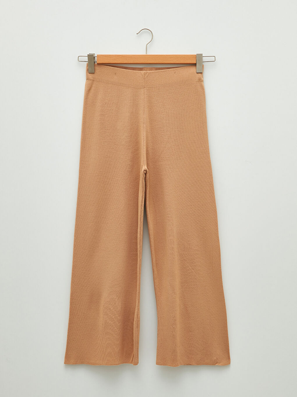 Bej Kadın Beli Lastikli Dar Fit Düz Triko Pantolon-5