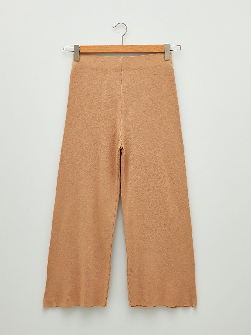 Bej Kadın Beli Lastikli Dar Fit Düz Triko Pantolon-6