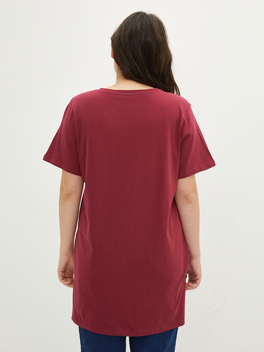 Bordo Büyük Beden Bisiklet Yaka Baskılı Kısa Kollu Pamuklu Kadın Tişört-3