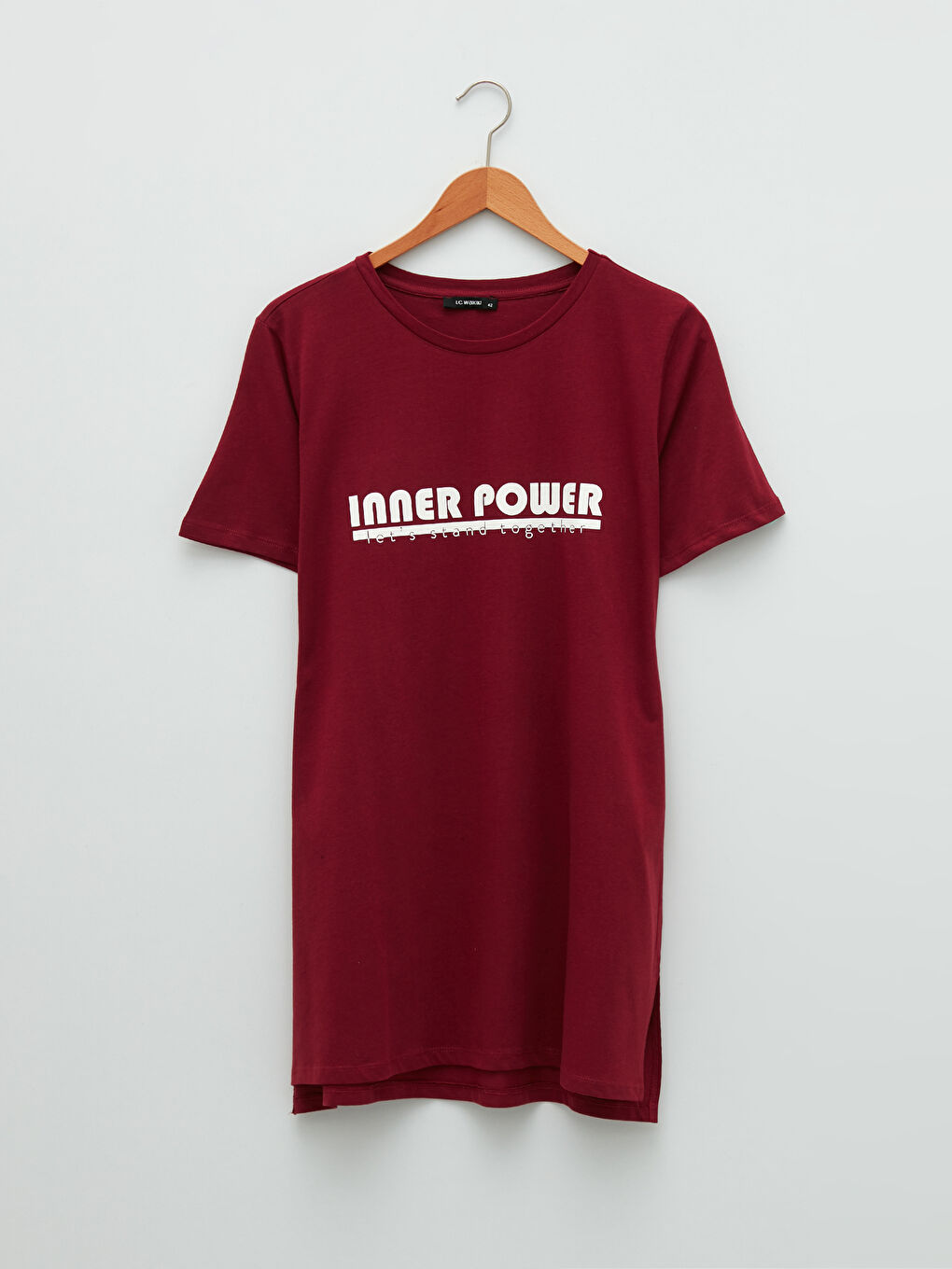 Bordo Büyük Beden Bisiklet Yaka Baskılı Kısa Kollu Pamuklu Kadın Tişört-4