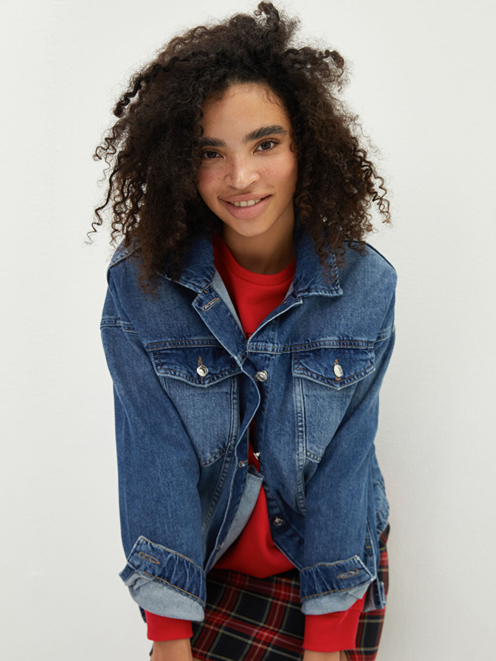 İndigo Gömlek Yaka Düz Uzun Kollu Cep Detaylı Oversize Kadın Jean Ceket-2