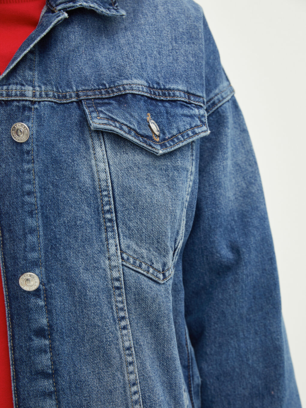 İndigo Gömlek Yaka Düz Uzun Kollu Cep Detaylı Oversize Kadın Jean Ceket-4