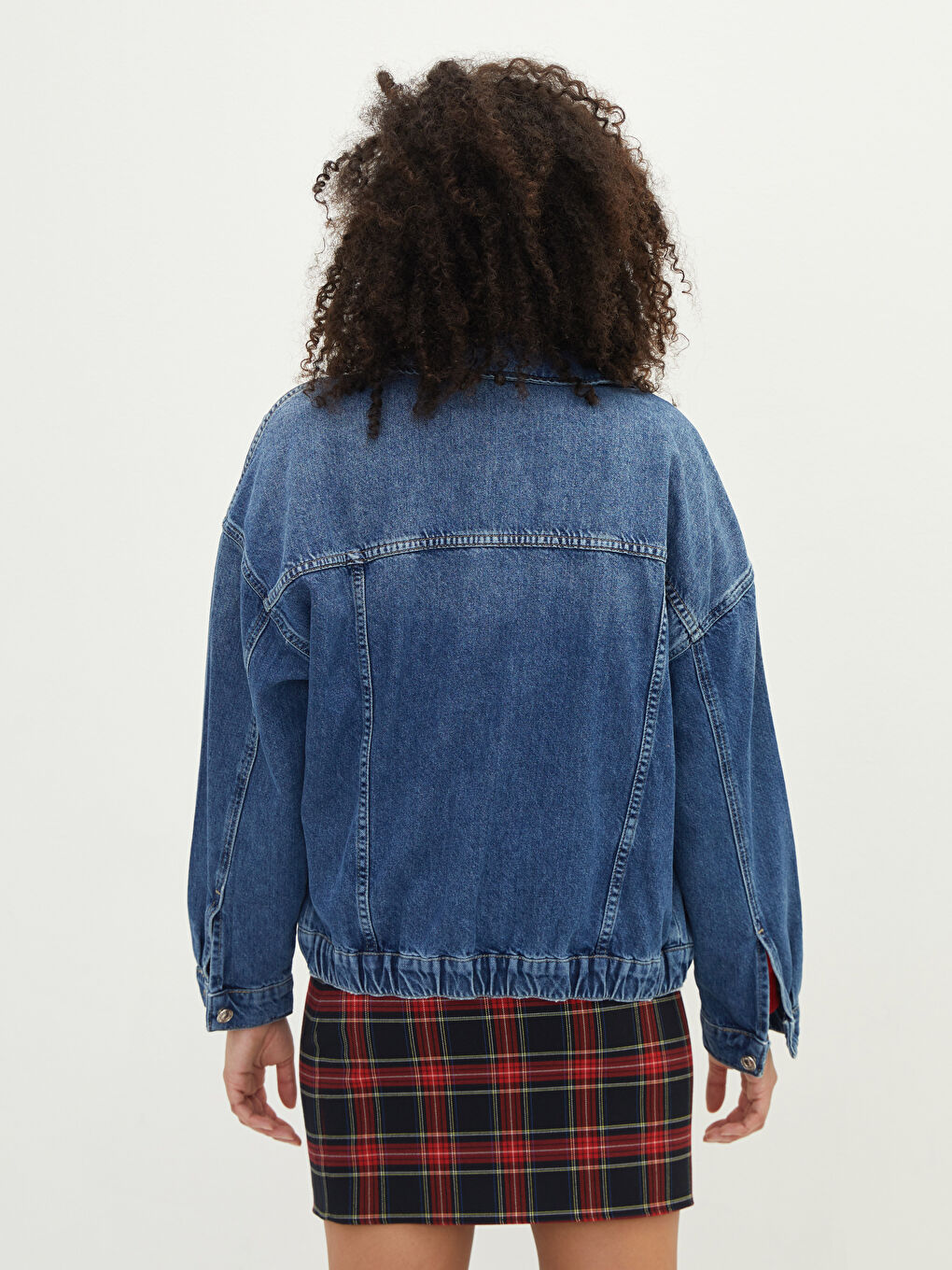 İndigo Gömlek Yaka Düz Uzun Kollu Cep Detaylı Oversize Kadın Jean Ceket-5
