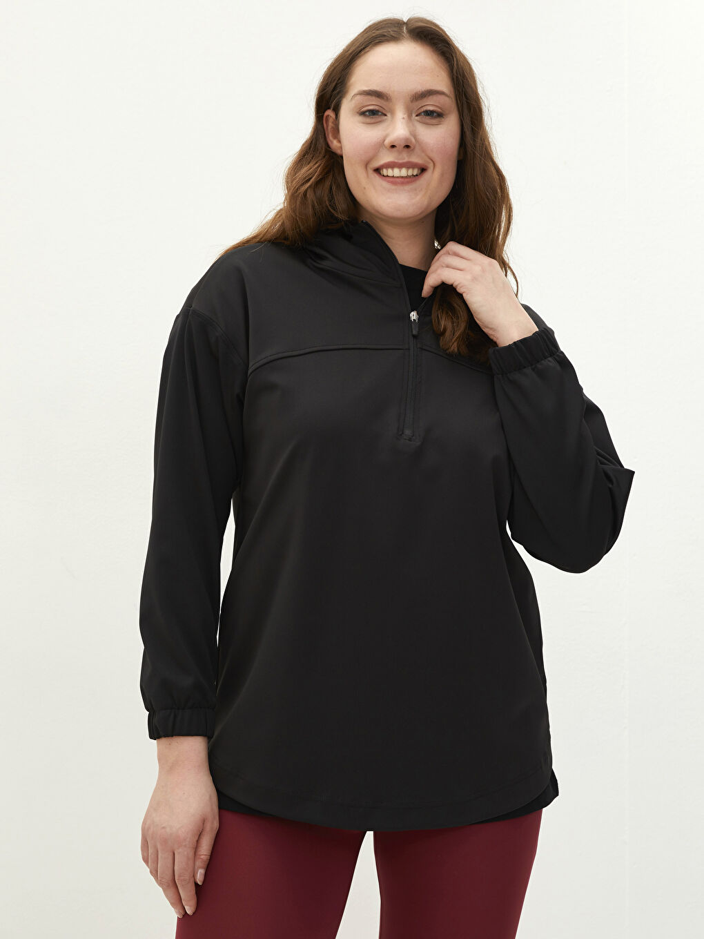 Siyah Büyük Beden Düz Uzun Kollu Kadın Hoodie-1