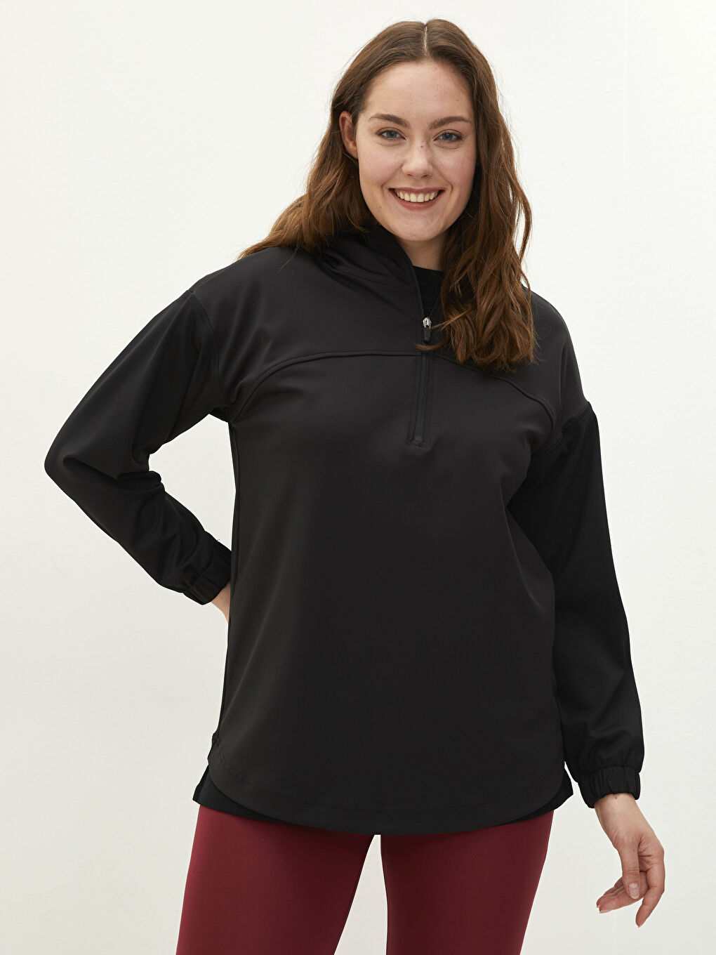 Siyah Büyük Beden Düz Uzun Kollu Kadın Hoodie-3