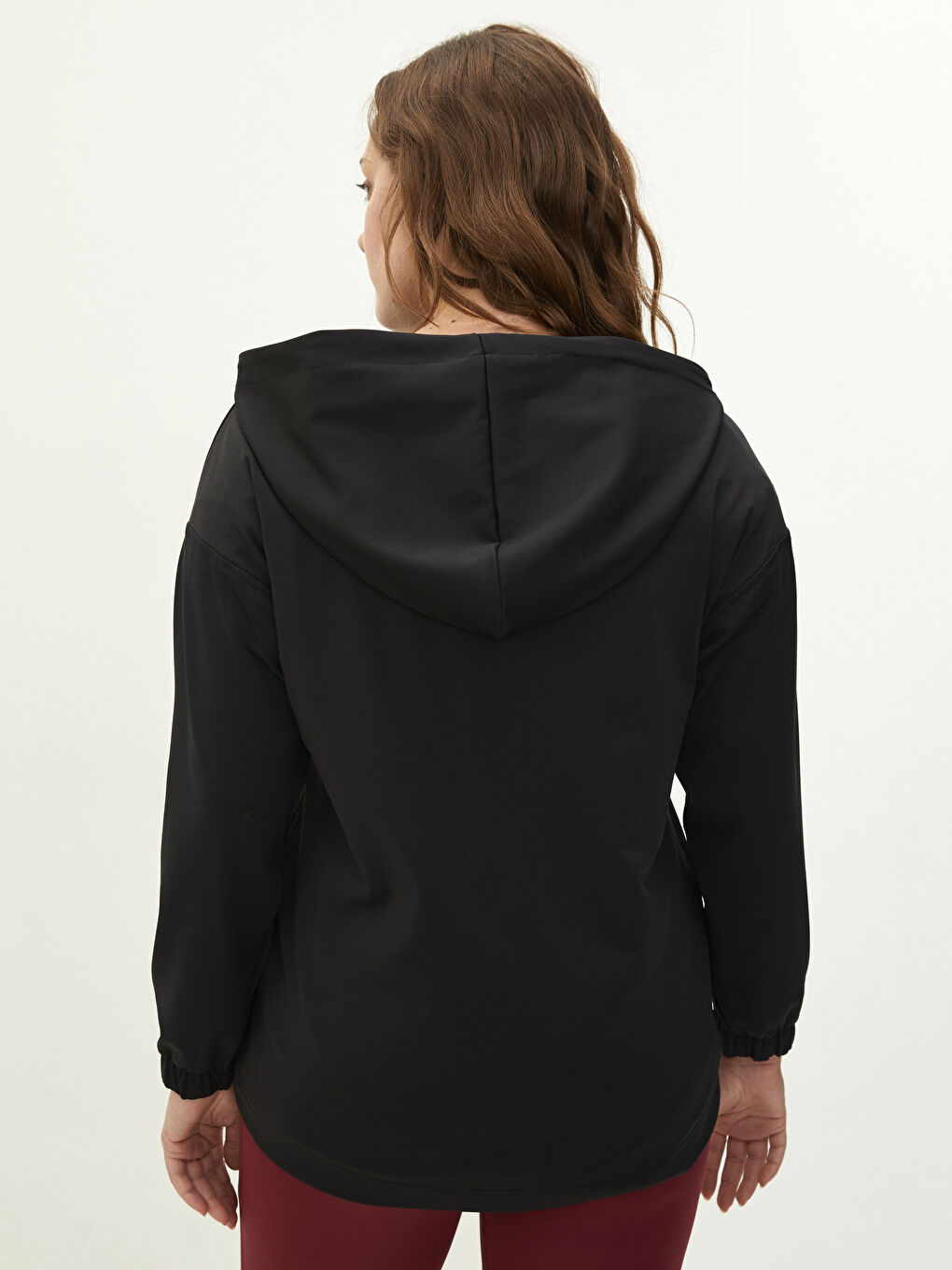 Siyah Büyük Beden Düz Uzun Kollu Kadın Hoodie-5