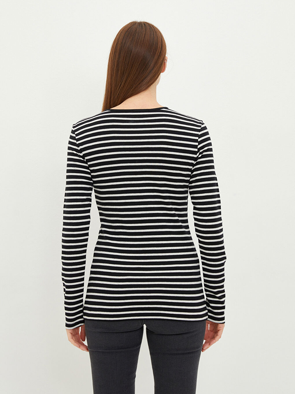 Siyah Bisiklet Yaka Çizgili Uzun Kollu Kadın Tişört-3