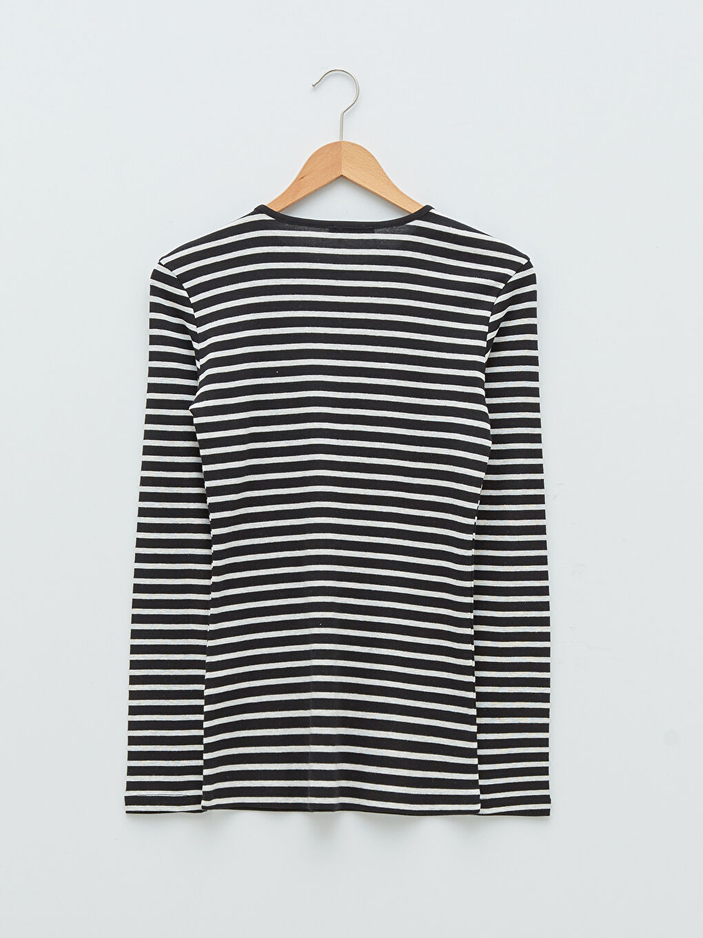 Siyah Bisiklet Yaka Çizgili Uzun Kollu Kadın Tişört-5