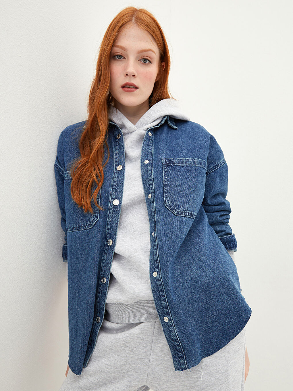 Front Button Closure Straight Pocket Detailed Long Sleeve Rodeo Women's Jean Shirt