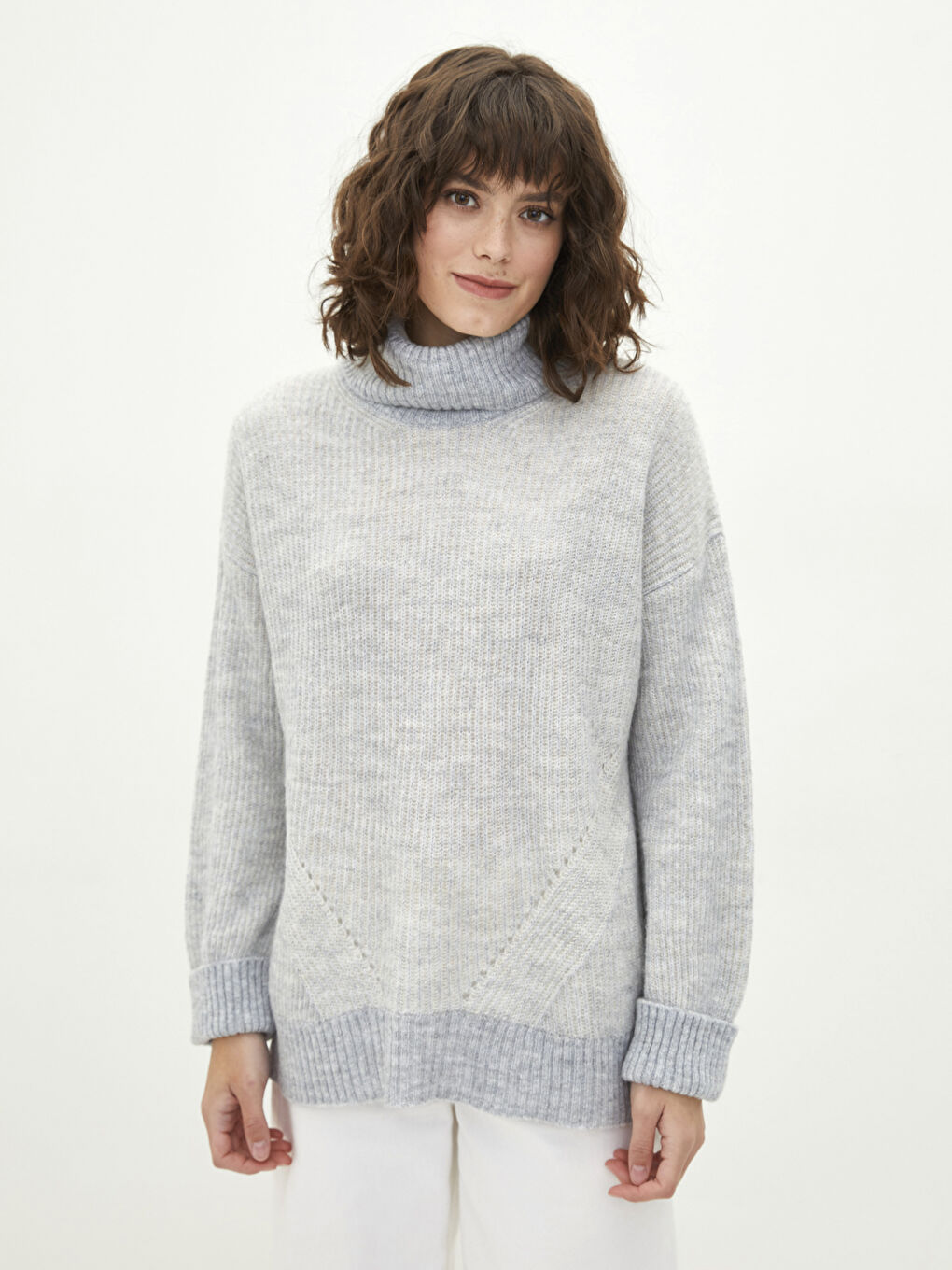 Пуловер с висока яка, плетено на дупки, дълъг ръкав, трикотаж за жени-1