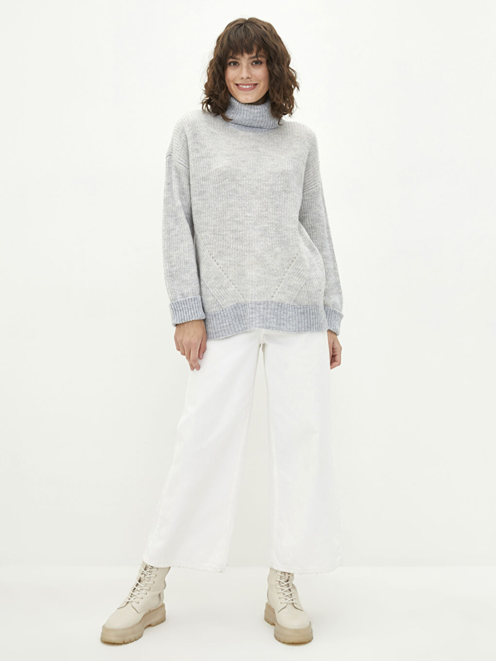 Пуловер с висока яка, плетено на дупки, дълъг ръкав, трикотаж за жени-2