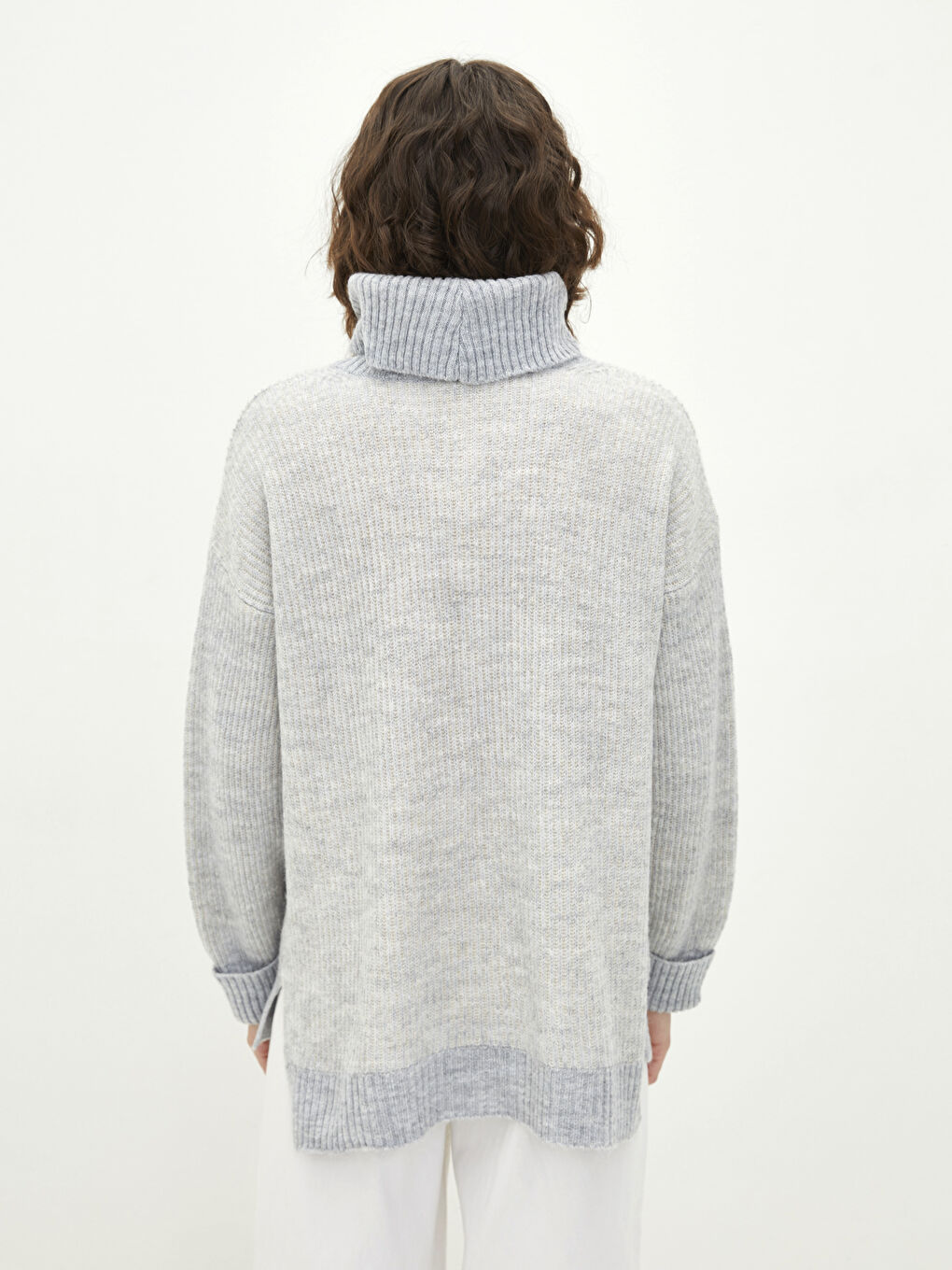 Пуловер с висока яка, плетено на дупки, дълъг ръкав, трикотаж за жени-4