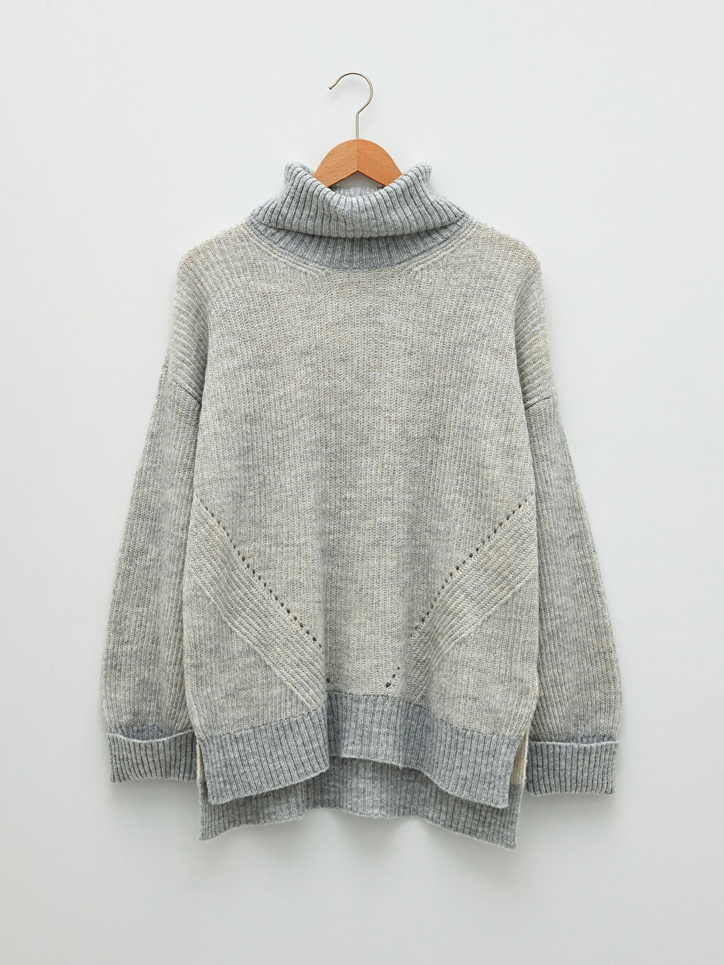 Пуловер с висока яка, плетено на дупки, дълъг ръкав, трикотаж за жени-5