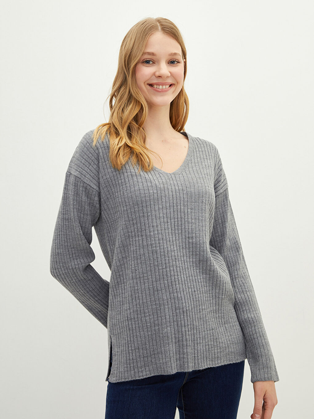 LCW Vision V Neck Plain Long Sleeve Women's Knitwear Sweater -W1JG63Z8-D5D