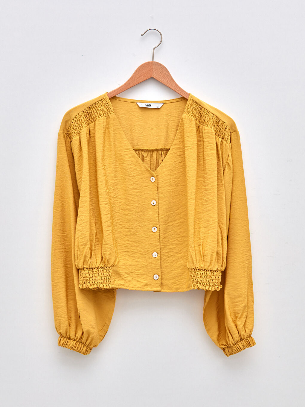 Sarı V Yaka Uzun Kollu Düz Viskon Kadın Bluz-5