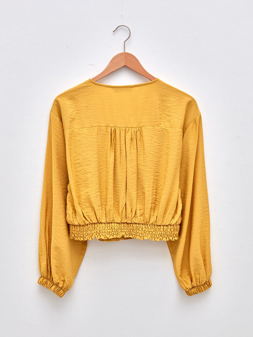 Sarı V Yaka Uzun Kollu Düz Viskon Kadın Bluz-6