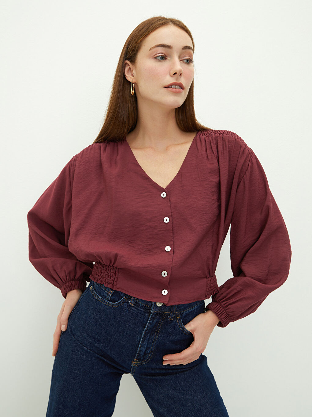 Pembe V Yaka Uzun Kollu Düz Viskon Kadın Bluz-1