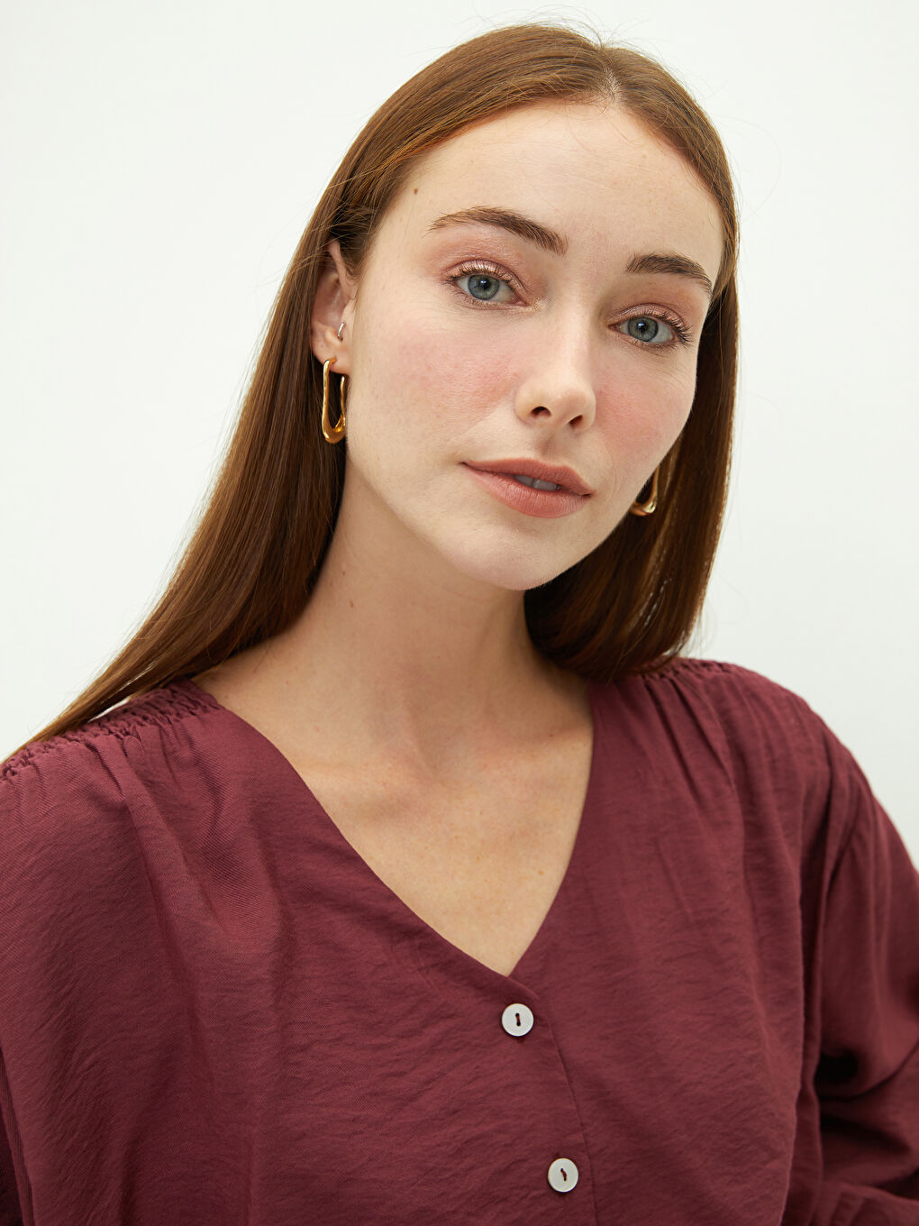 Pembe V Yaka Uzun Kollu Düz Viskon Kadın Bluz-3