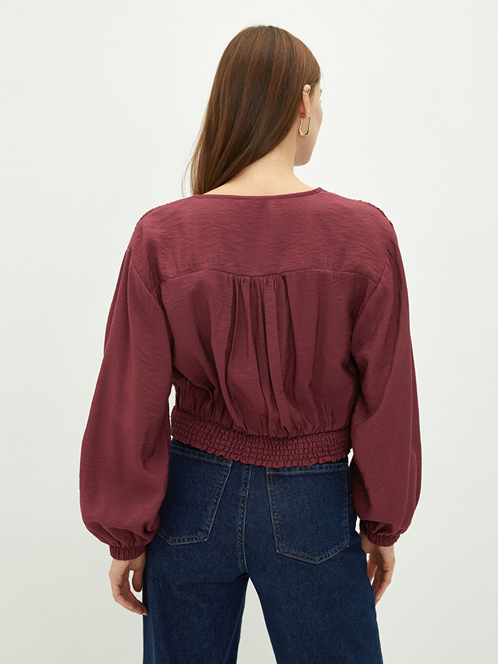 Pembe V Yaka Uzun Kollu Düz Viskon Kadın Bluz-4