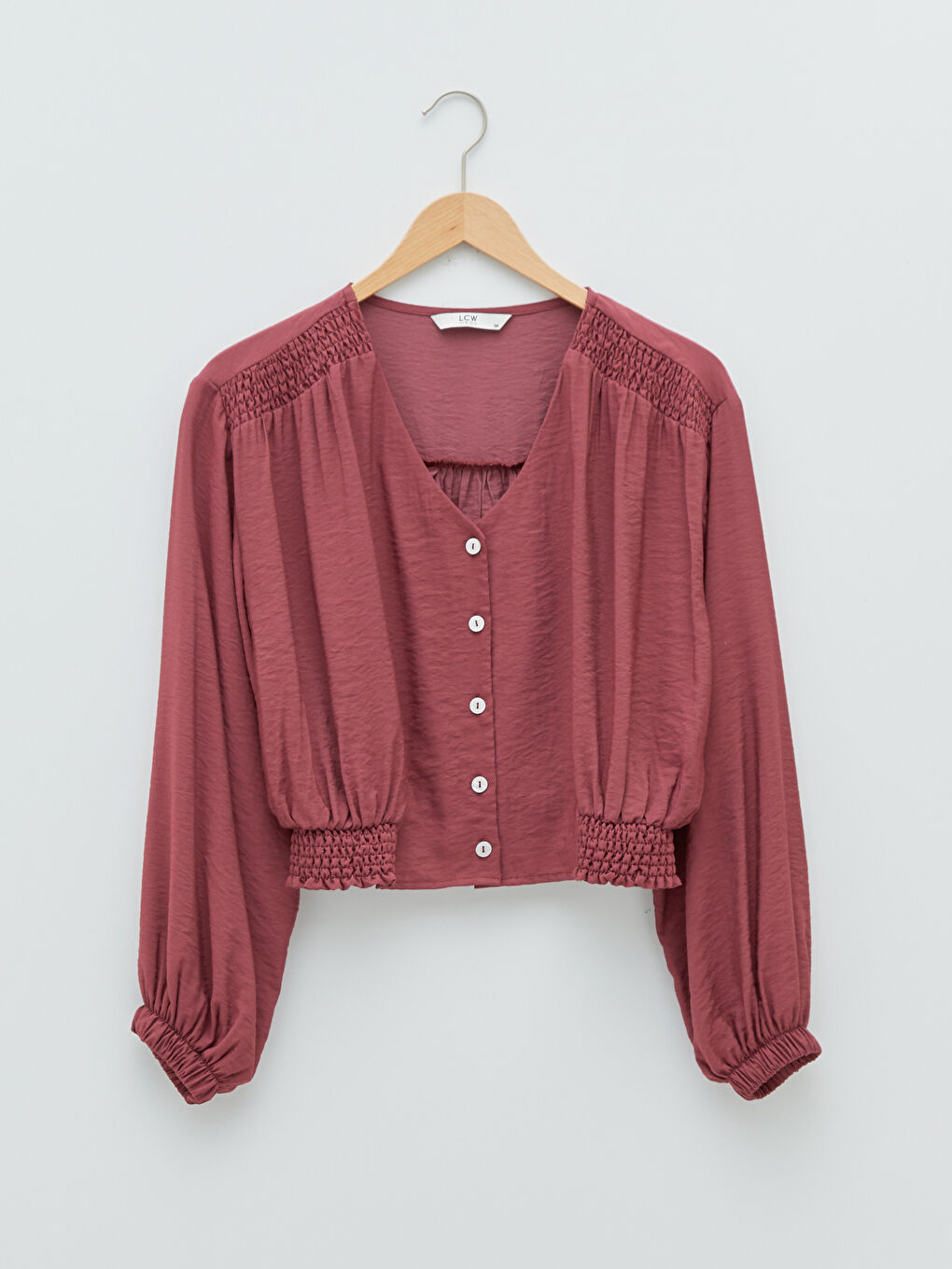 Pembe V Yaka Uzun Kollu Düz Viskon Kadın Bluz-5