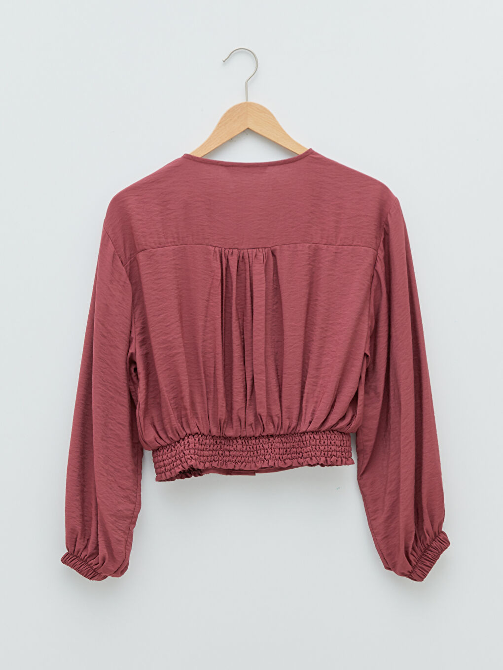 Pembe V Yaka Uzun Kollu Düz Viskon Kadın Bluz-6