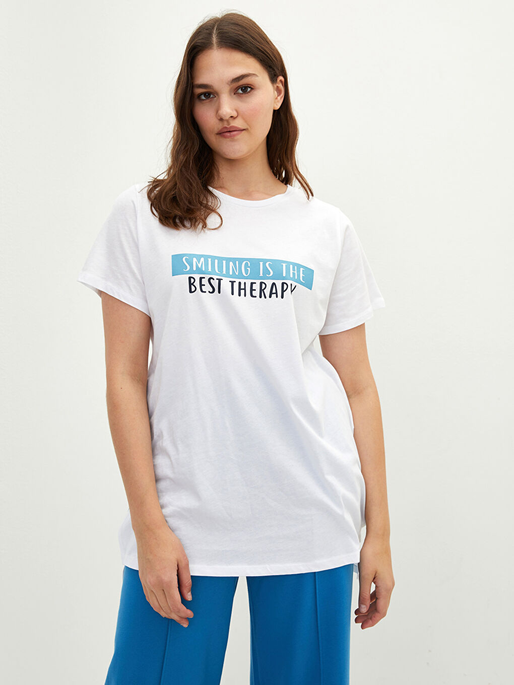 Grande Taille Tunique pour Femmes en Coton à Col Rond avec Slogan Imprimé et Manches Courtes-3