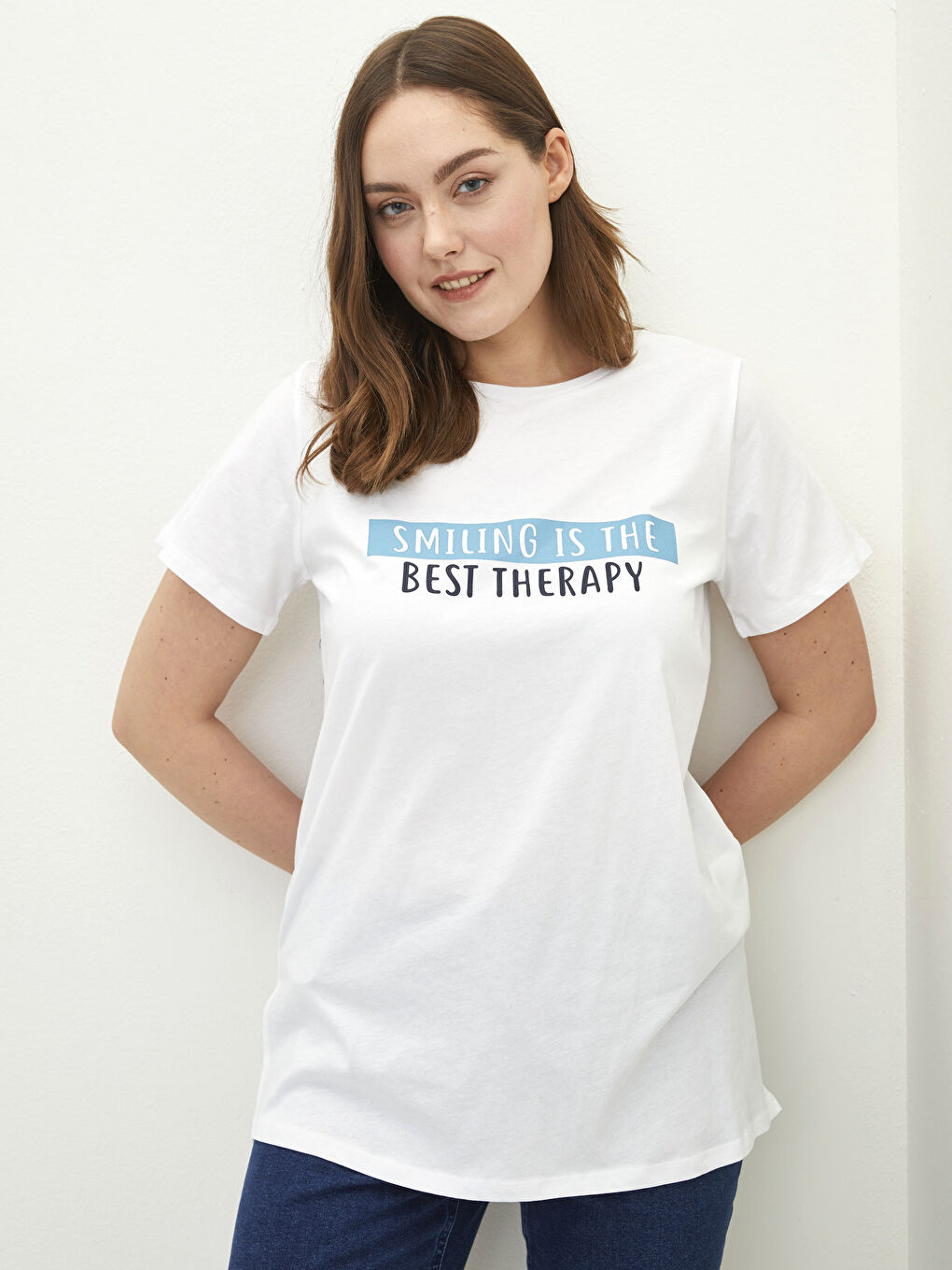 Grande Taille Tunique pour Femmes en Coton à Col Rond avec Slogan Imprimé et Manches Courtes