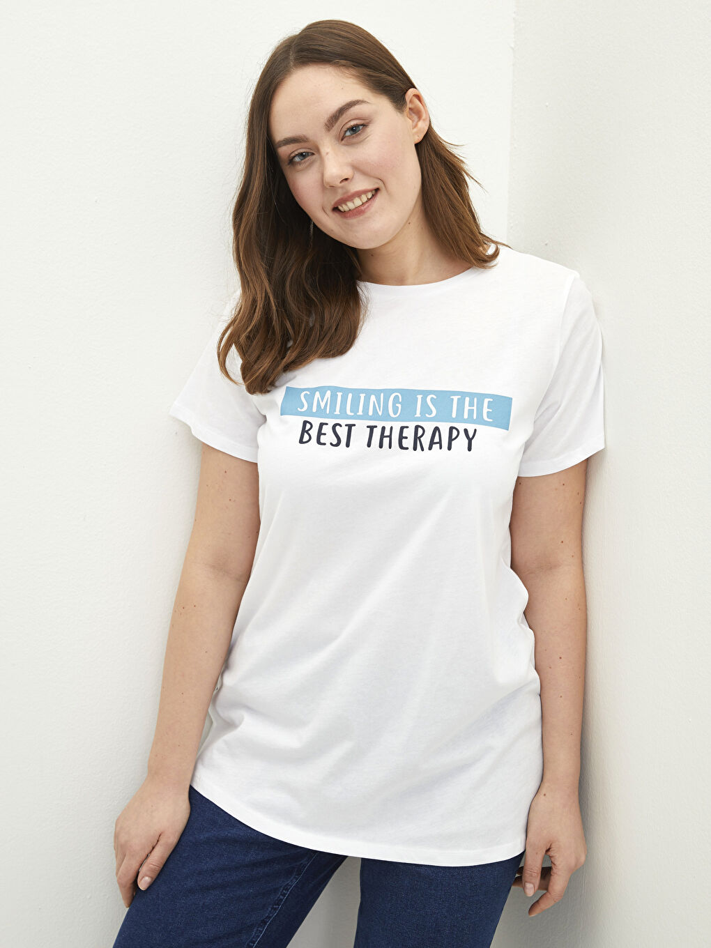 Grande Taille Tunique pour Femmes en Coton à Col Rond avec Slogan Imprimé et Manches Courtes-2