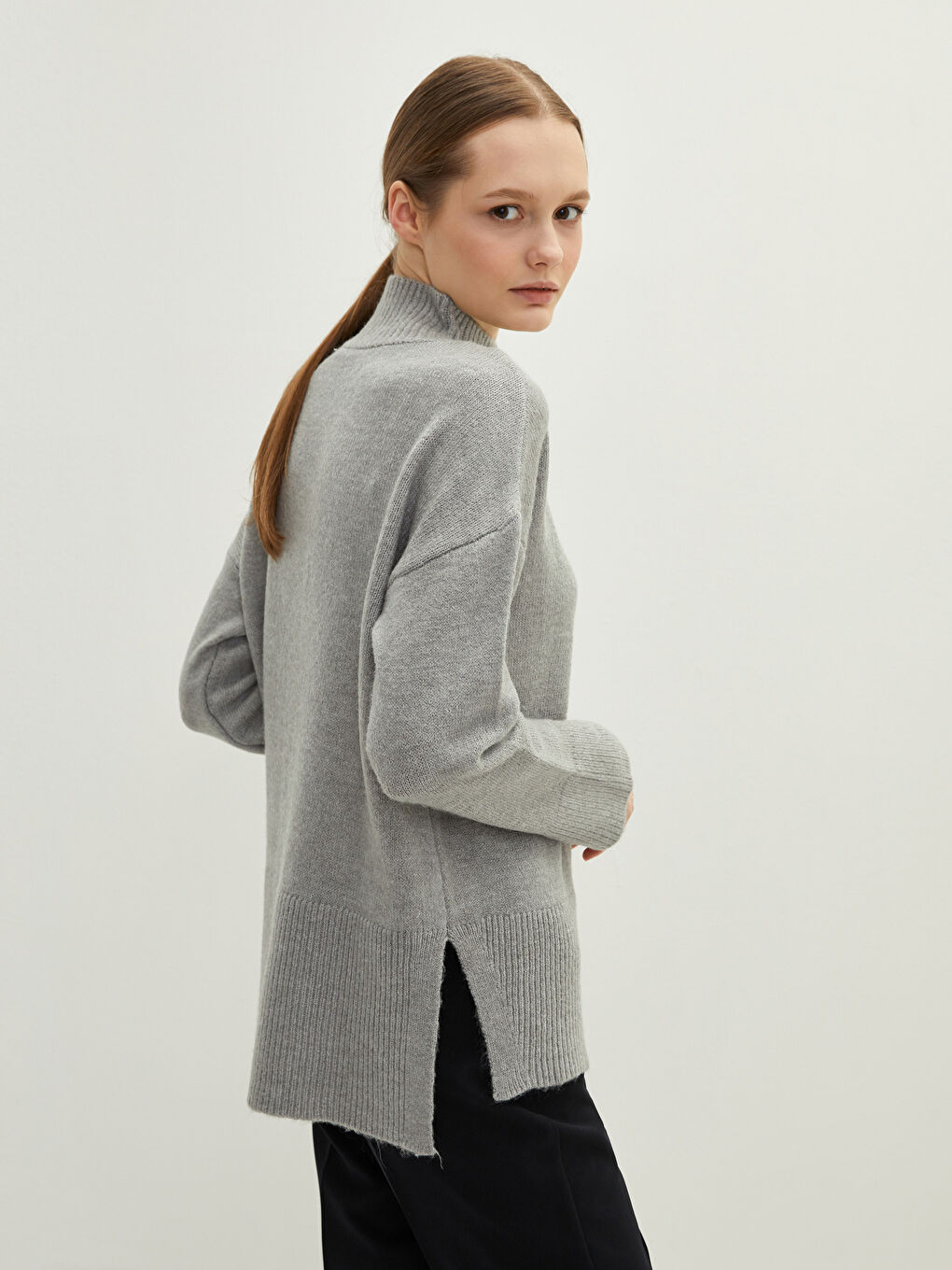 Half Turtleneck Plain Long Sleeve Women's Knitwear Tunic-3