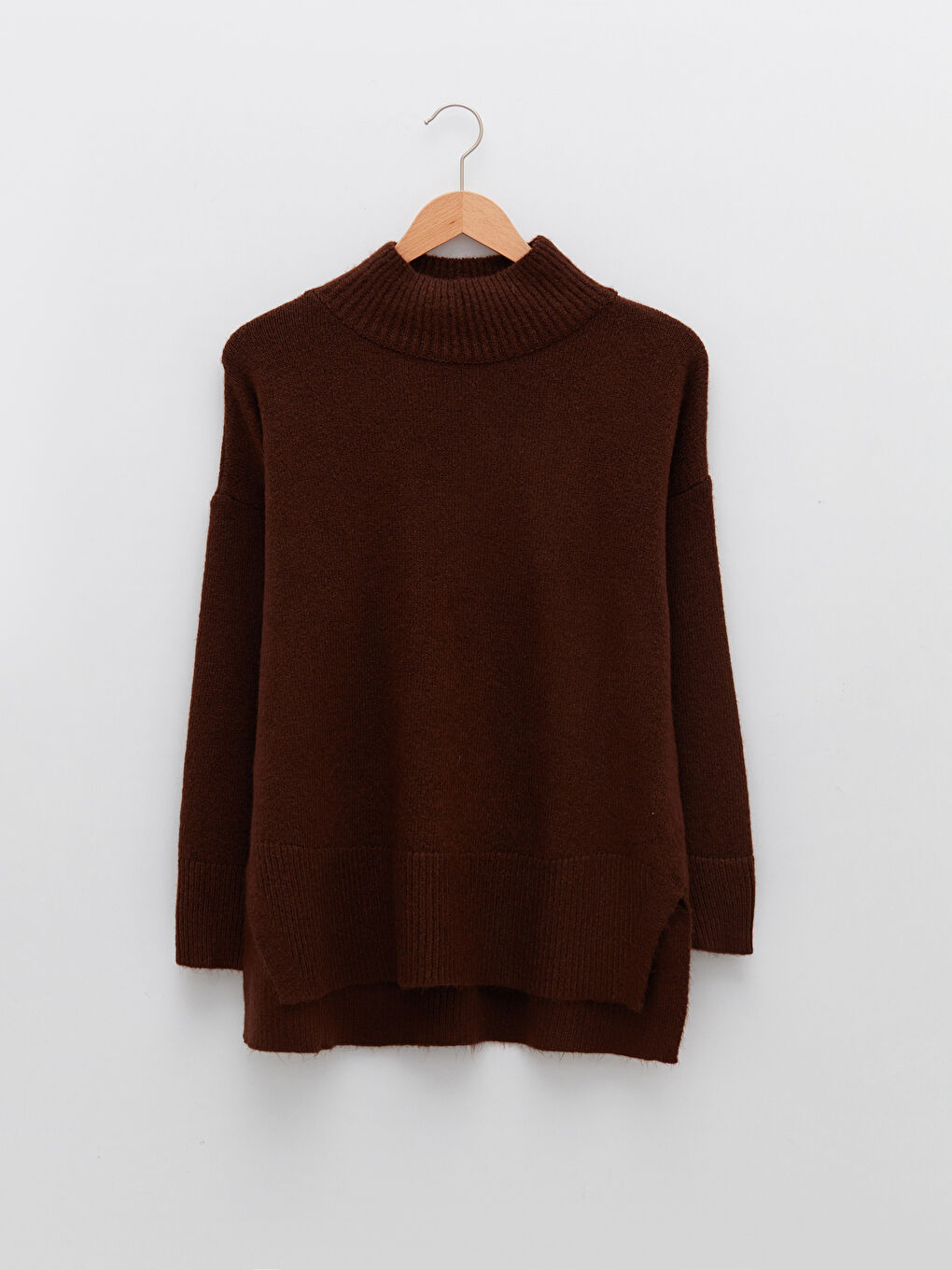 Kahverengi Yarım Balıkçı Yaka Düz Uzun Kollu Kadın Triko Tunik-4