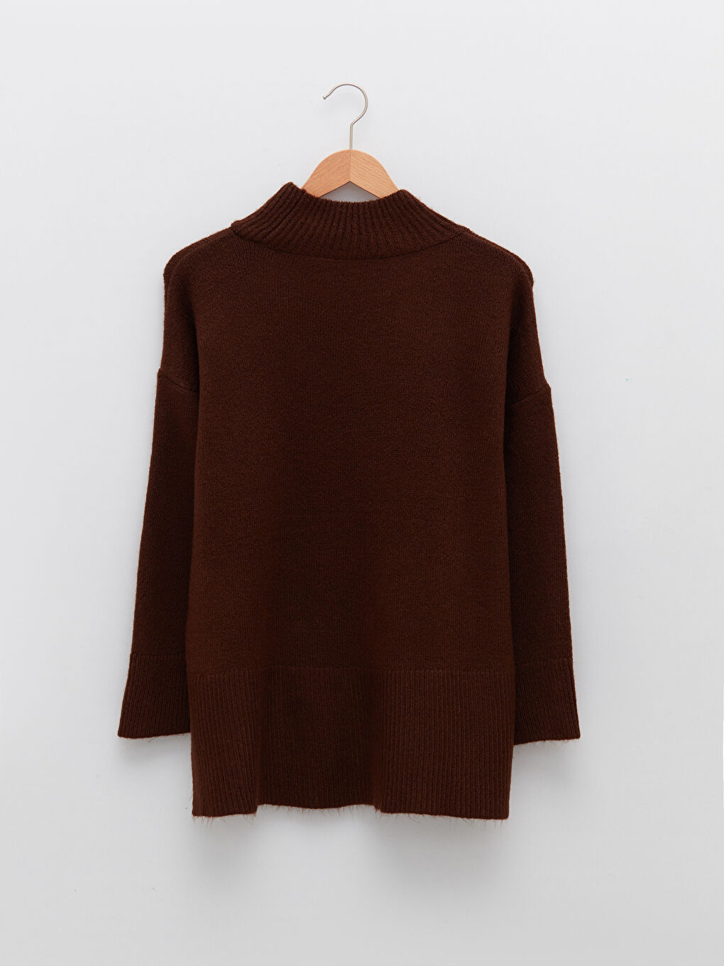 Kahverengi Yarım Balıkçı Yaka Düz Uzun Kollu Kadın Triko Tunik-5