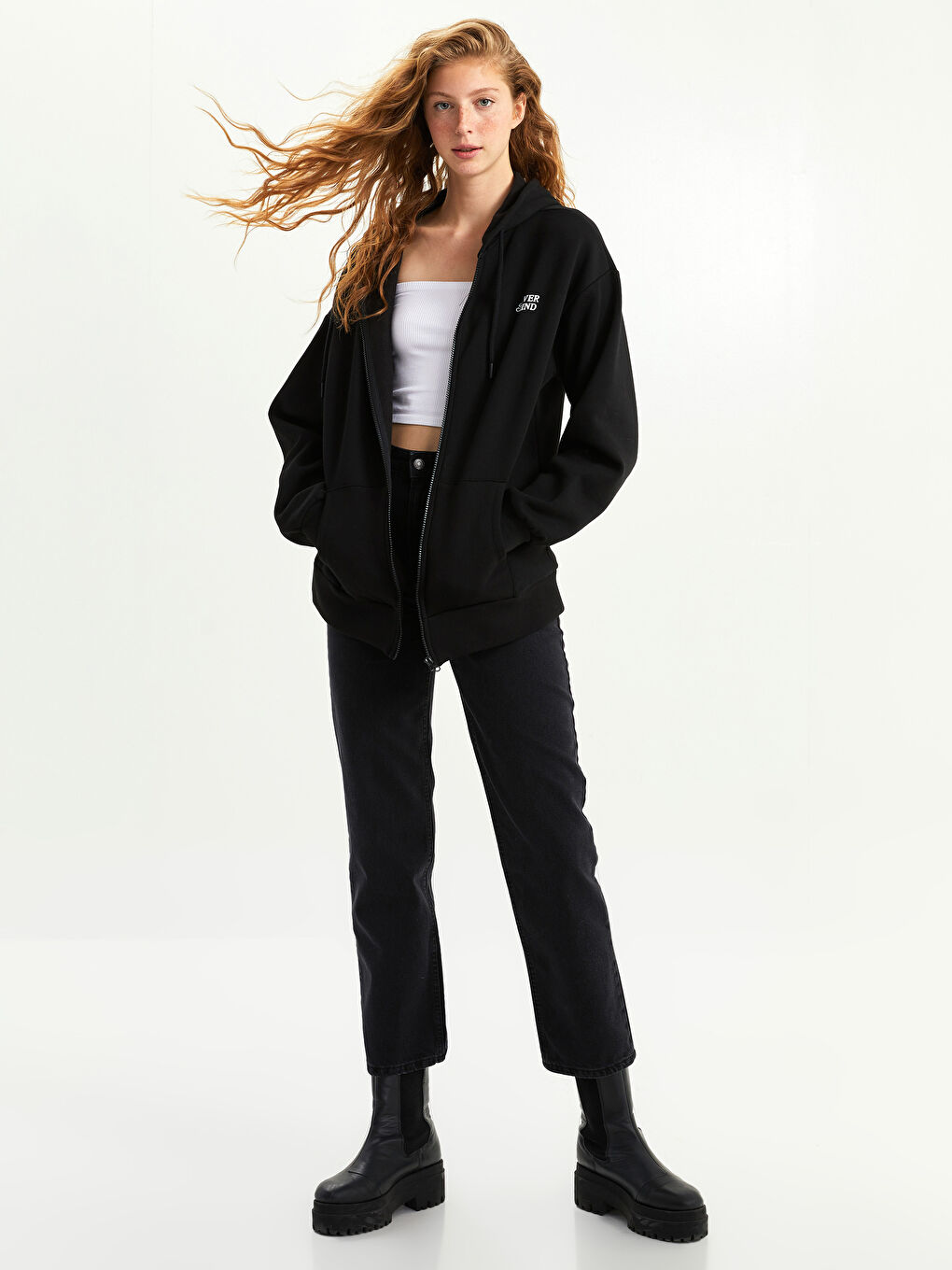 Siyah Kapüşonlu Yazı Baskılı Kadın Kalın Fermuarlı Sweatshirt-2