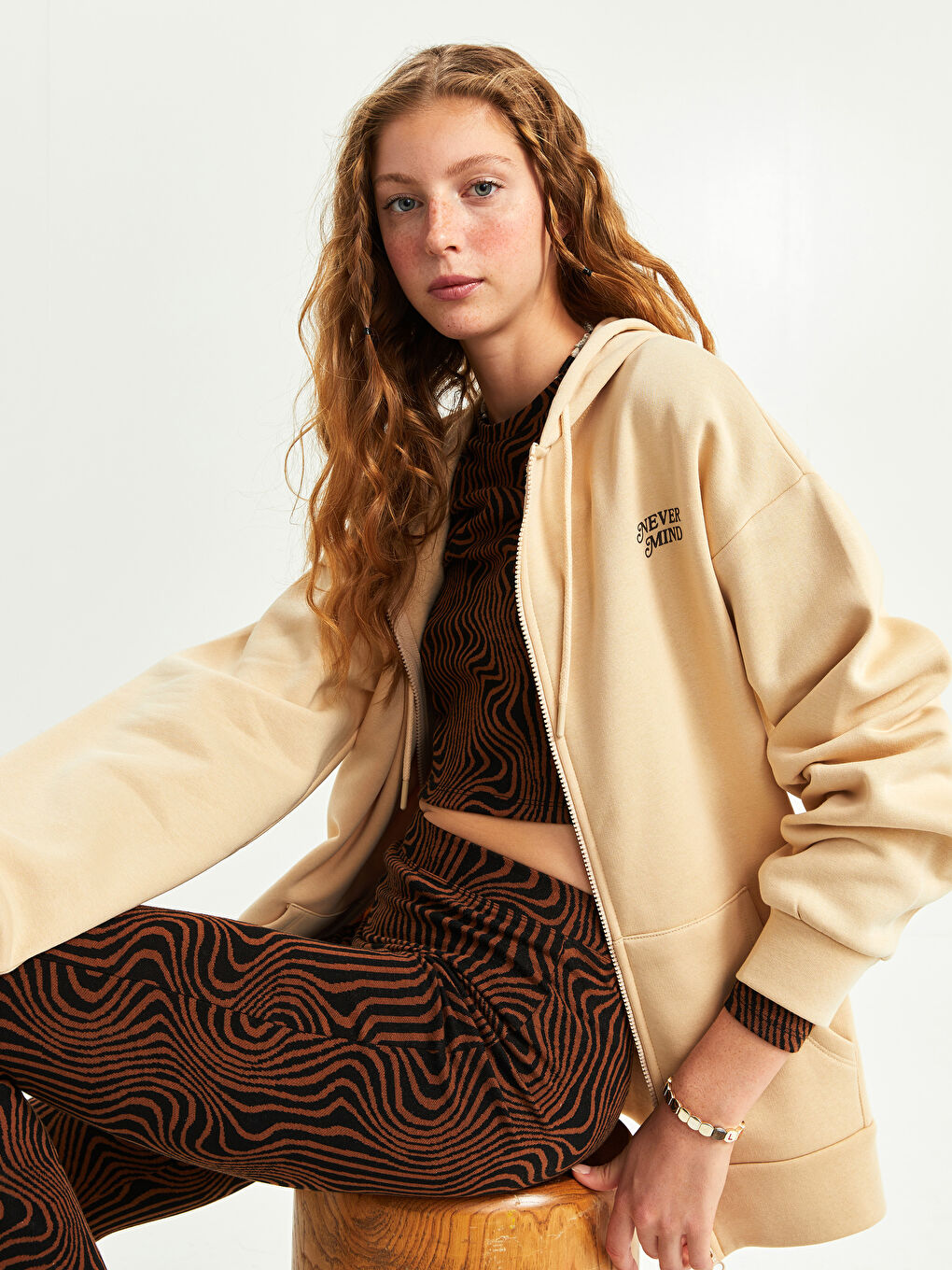 Hooded Text Printed Women's Thick Zippered Sweatshirt-1