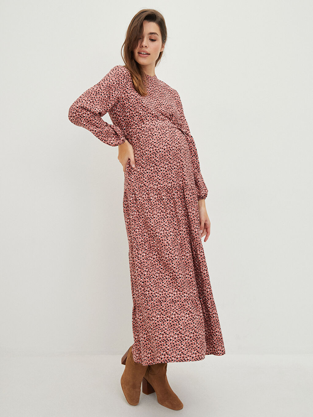 Pembe Bisiklet Yaka Desenli Uzun Kollu Viskon Hamile Elbise-1