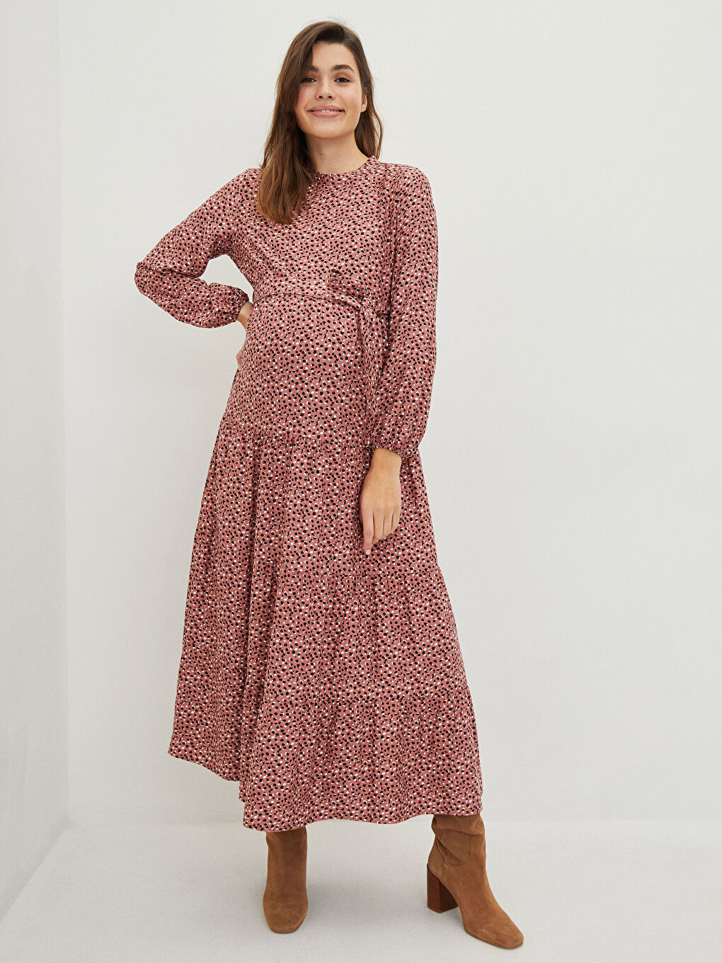 Pembe Bisiklet Yaka Desenli Uzun Kollu Viskon Hamile Elbise-2