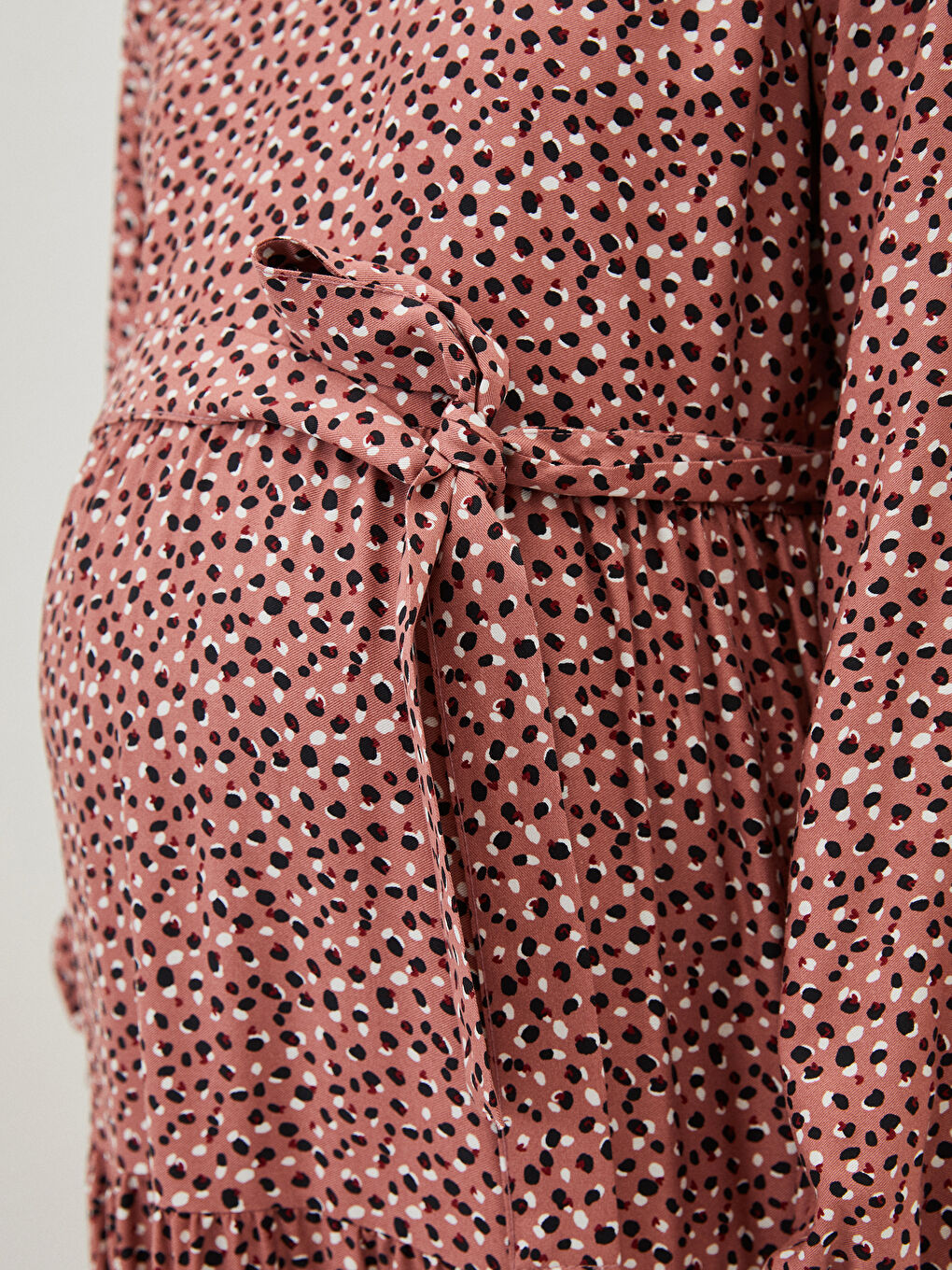 Pembe Bisiklet Yaka Desenli Uzun Kollu Viskon Hamile Elbise-3