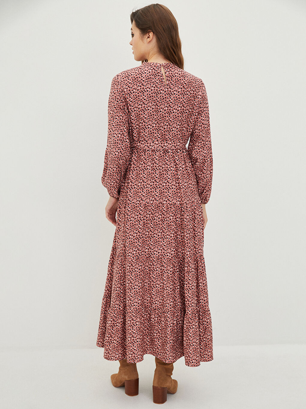 Pembe Bisiklet Yaka Desenli Uzun Kollu Viskon Hamile Elbise-4