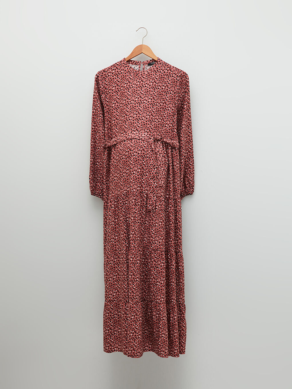 Pembe Bisiklet Yaka Desenli Uzun Kollu Viskon Hamile Elbise-5