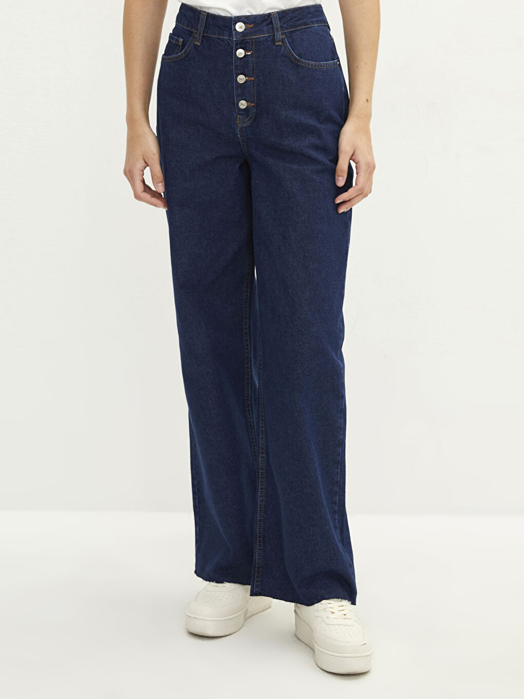 Kadın Yüksek Bel Wideleg Düz Jean Pantolon-2