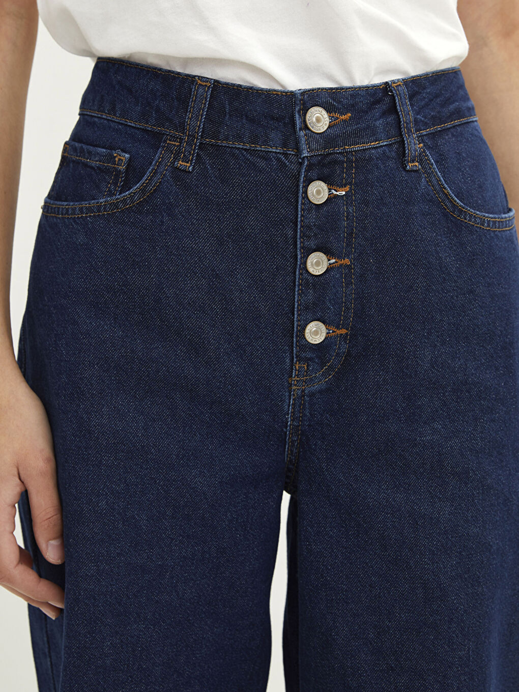 Kadın Yüksek Bel Wideleg Düz Jean Pantolon-3