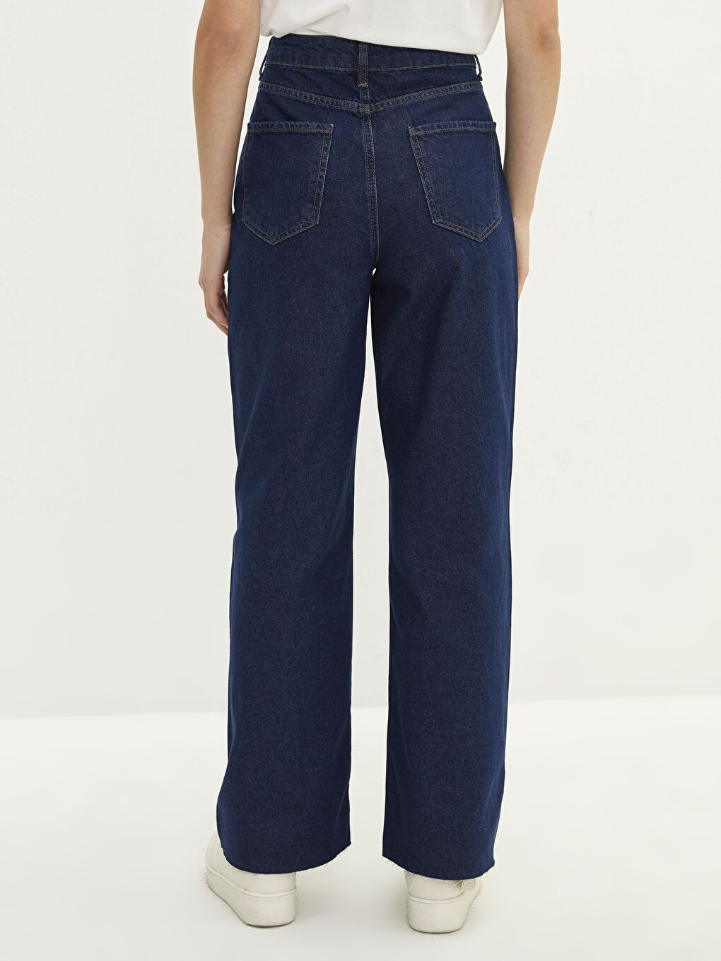 Kadın Yüksek Bel Wideleg Düz Jean Pantolon-4