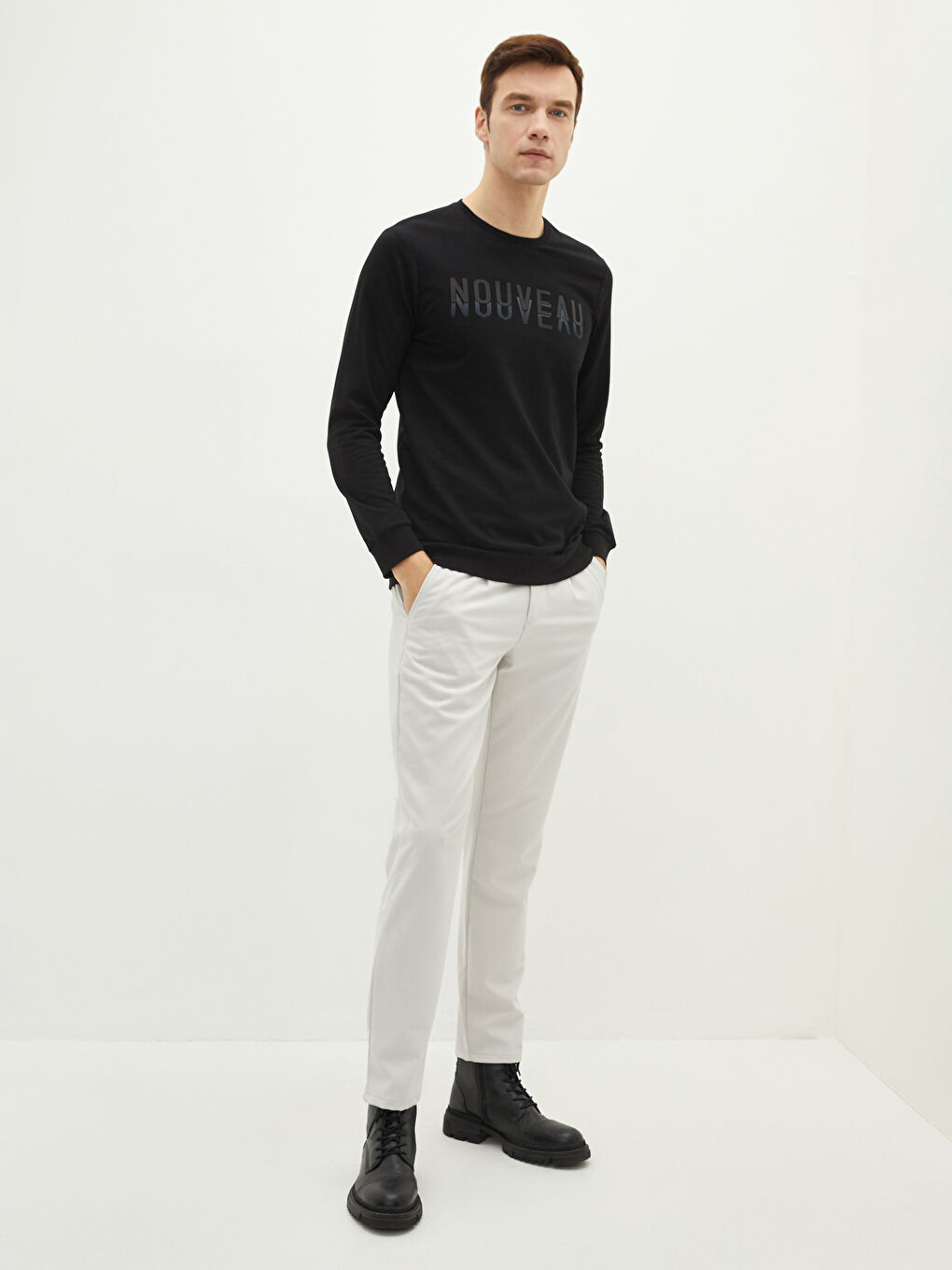 سويت شيرت كم طويل مطبوع بياقة دائرية للرجال-2