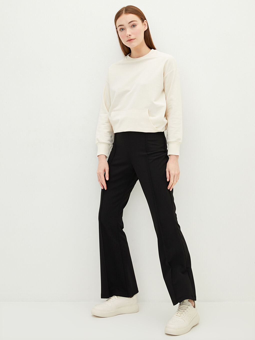 Pantalon Uni à Jambe Large avec Taille Élastiquée pour Femmes-1