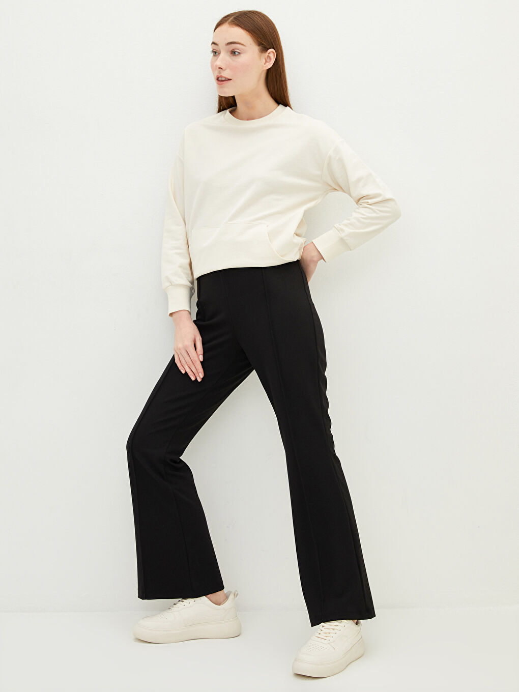 Pantalon Uni à Jambe Large avec Taille Élastiquée pour Femmes-3