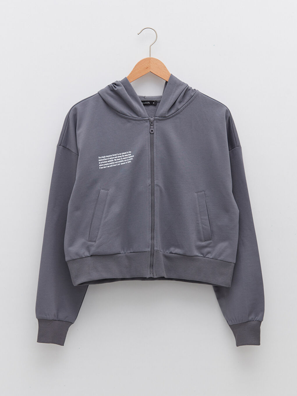 Gri Kapüşonlu Yazı Baskılı Uzun Kollu Kadın Spor Hırka-4