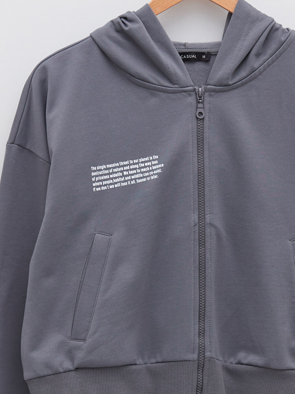 Gri Kapüşonlu Yazı Baskılı Uzun Kollu Kadın Spor Hırka-6